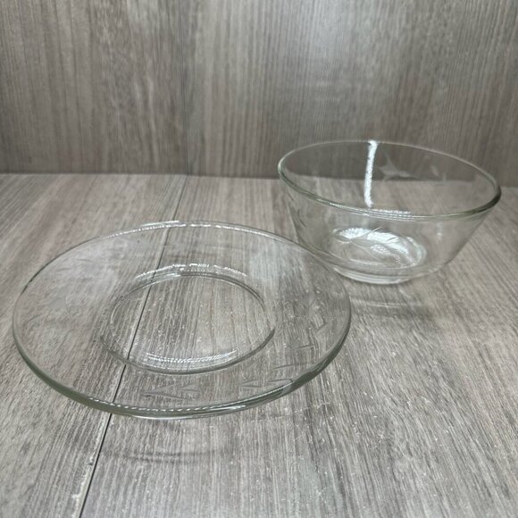 Unmarked Other - Vintage Clear Glass Bowl & Plate Set with Etched Leaf Vine Elegant Design